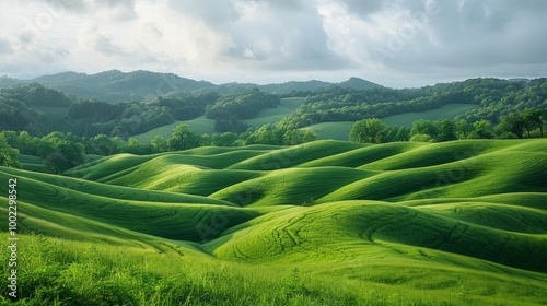 Rolling green hills with scattered trees and a cloudy sky. 