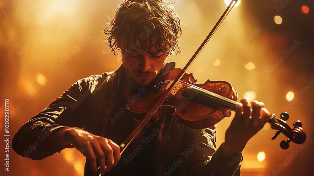 Fototapeta premium A young man plays the violin in a concert setting, illuminated by warm stage lights.