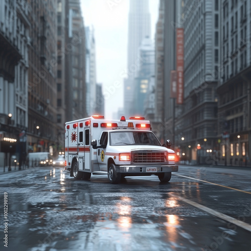 An ambulance is making its way down a busy city street on a rainy day
