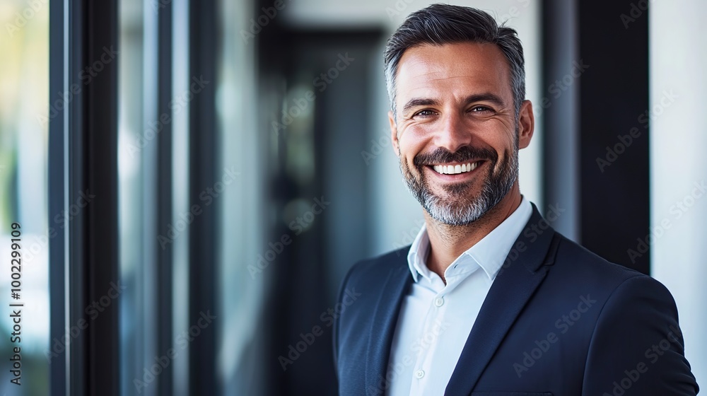 Handsome and confident businessman wearing suit standing smiling looking at camera in office Handsome and confident businessman wearing suit standing smiling looking at camera in office