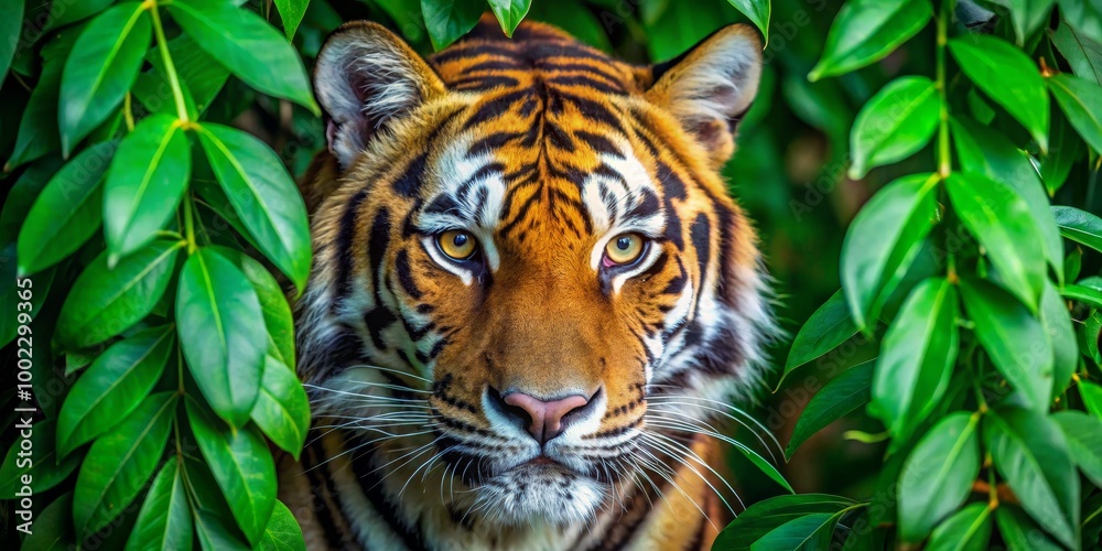 Fototapeta premium Tiger's Gaze Through Lush Foliage - A Close-Up Portrait of a Tiger's Face Partially Hidden by Vibrant Green Leaves
