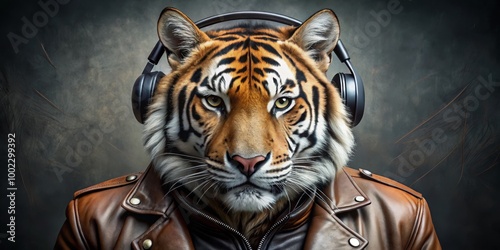 The Tiger's Groove A Close-Up Portrait of a Tiger Wearing Headphones and a Leather Jacket
