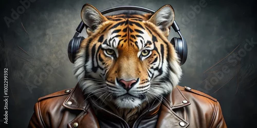 Fototapeta na wymiar The Tiger's Groove A Close-Up Portrait of a Tiger Wearing Headphones and a Leather Jacket