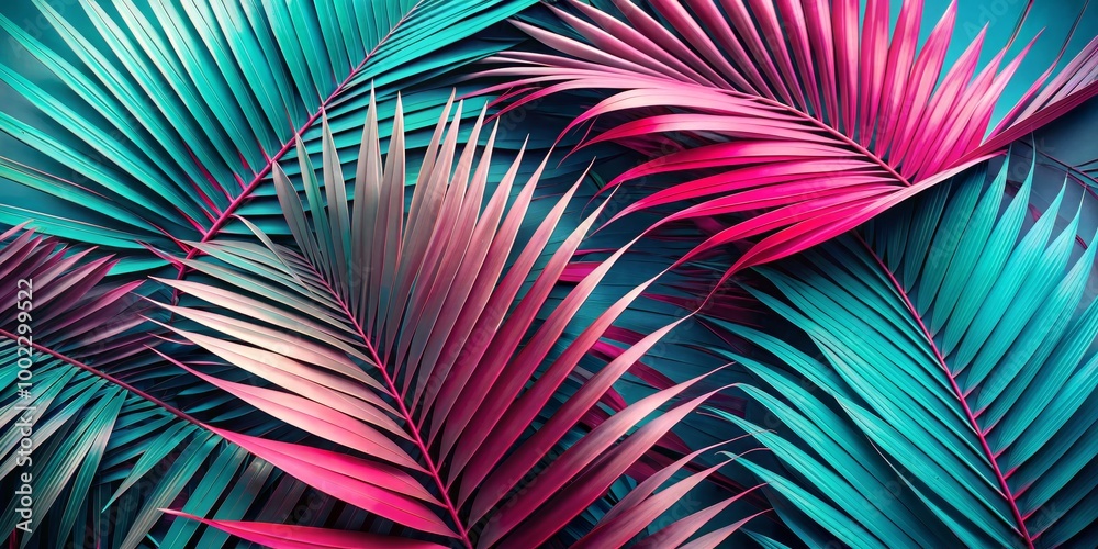 Tropical Palm Fronds in Vibrant Teal and Pink Hues A Textural Abstract Tropical Palm Fronds in Vibrant Teal and Pink Hues A Textural Abstract