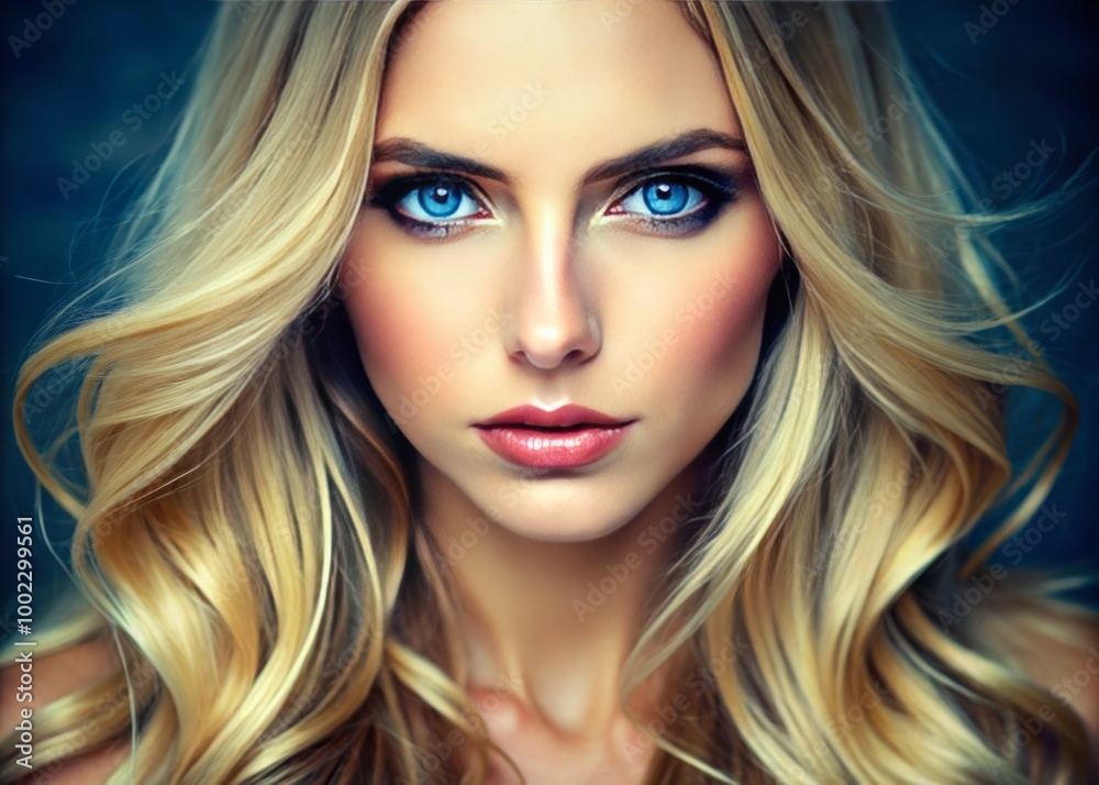 A breathtaking portrait of a blonde woman, her flowing hair and natural makeup enhance her enchanting blue eyes, A breathtaking portrait of a blonde woman, her flowing hair and natural makeup enhance her enchanting blue eyes,