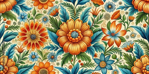 Vibrant Floral Tapestry A Seamless Pattern of Orange, Blue, and Green Blossoms on a Cream Background