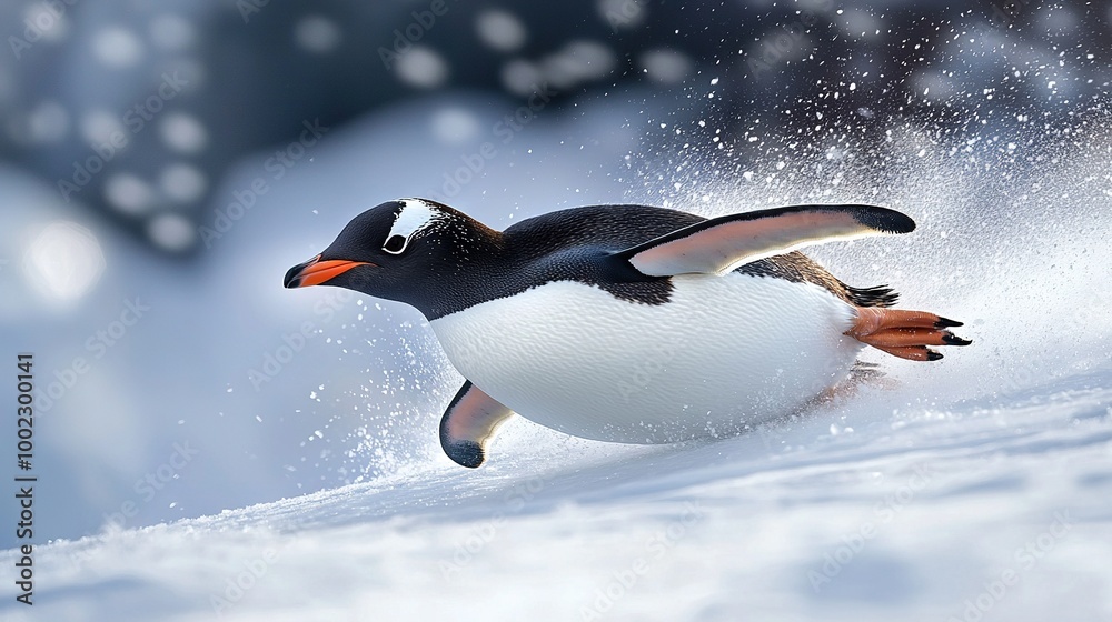 Fototapeta premium Penguin runs in snowy sun; snowflakes, tree background