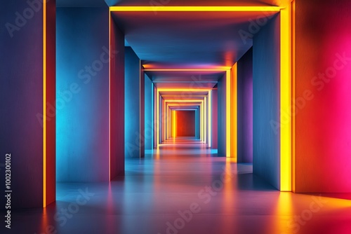 Vibrant neon corridor with colorful lights and abstract design elements.