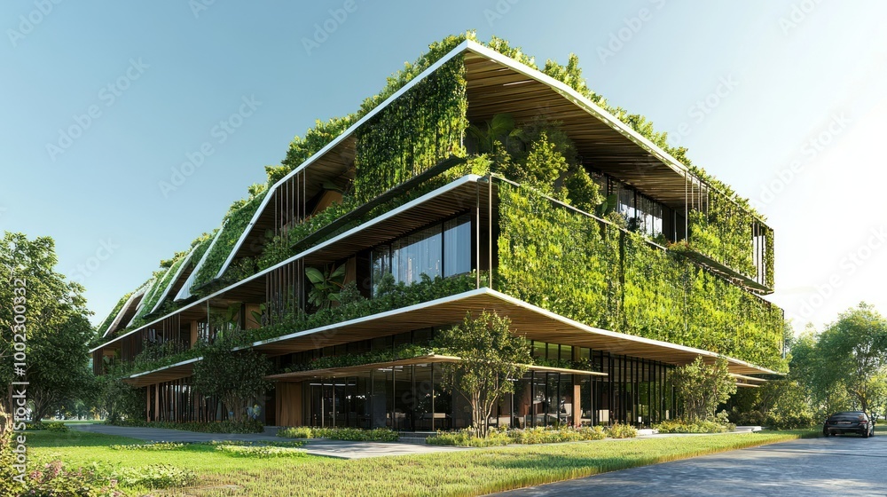 Modern Building with Green Walls and Roof Modern Building with Green Walls and Roof