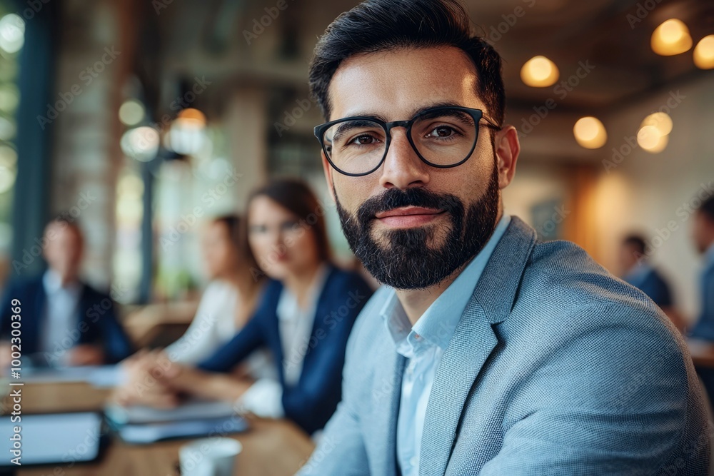 A Confident Businessman in Glasses and a Suit, Looking Directly at the Camera A Confident Businessman in Glasses and a Suit, Looking Directly at the Camera
