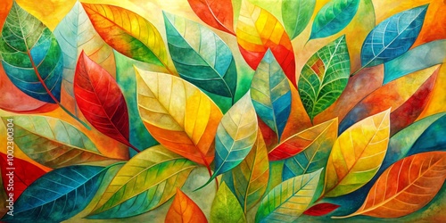 Watercolor Abstract of Overlapping Leaves in Vibrant Hues of Green, Red, Yellow, and Blue