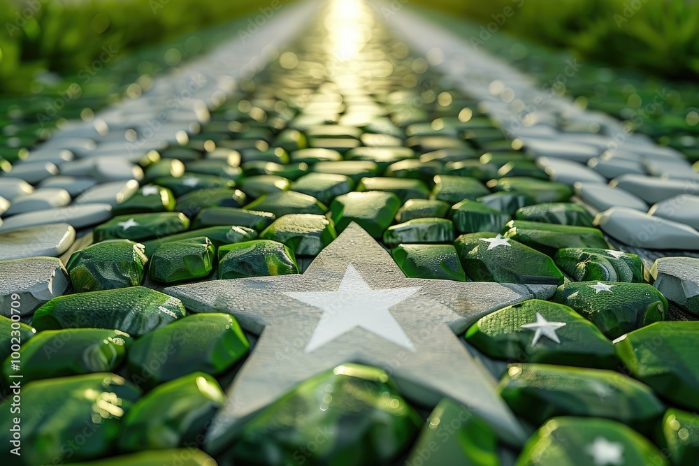 Obraz premium 3d illustration of the ground covered with green colored stones in shape of white star and three gradient stripes, street view with flag.