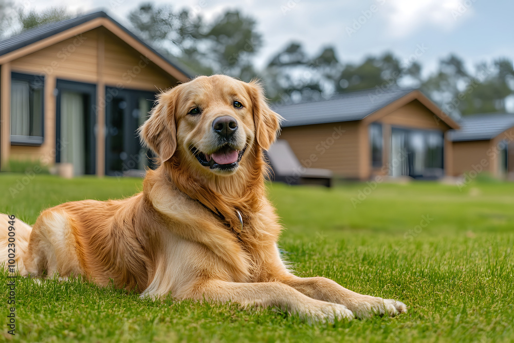 Happy golden retriever relaxing in a beautiful garden near cozy cabins Happy golden retriever relaxing in a beautiful garden near cozy cabins