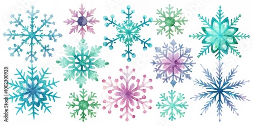 Watercolor Snowflake Collection A Symphony of Blue, Green, and Purple Hues