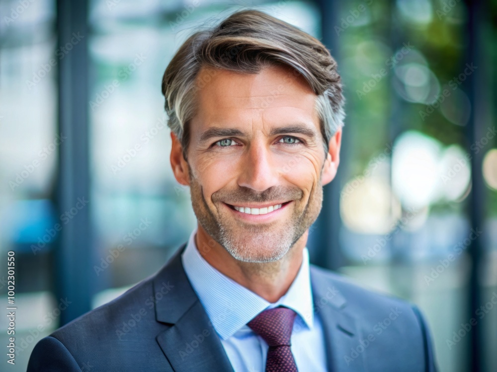 A close-up portrait captures a cheerful businessman in professional attire, smiling confidently at the camera, exuding A close-up portrait captures a cheerful businessman in professional attire, smiling confidently at the camera, exuding