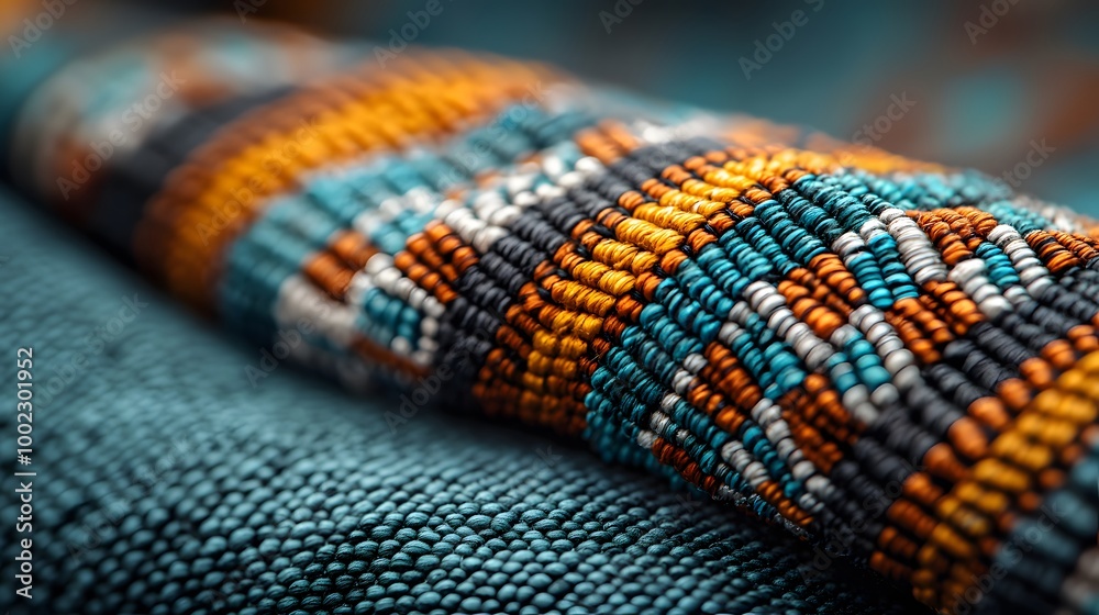 A close-up view of intricate beadwork featuring vibrant colors and patterns, with no people present. Native American Heritage Concept