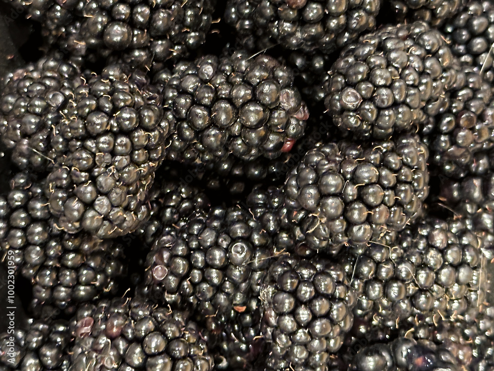 Close up of ripe blackberries, showcasing their dark, juicy, and textured. Food background patterns Close up of ripe blackberries, showcasing their dark, juicy, and textured. Food background patterns