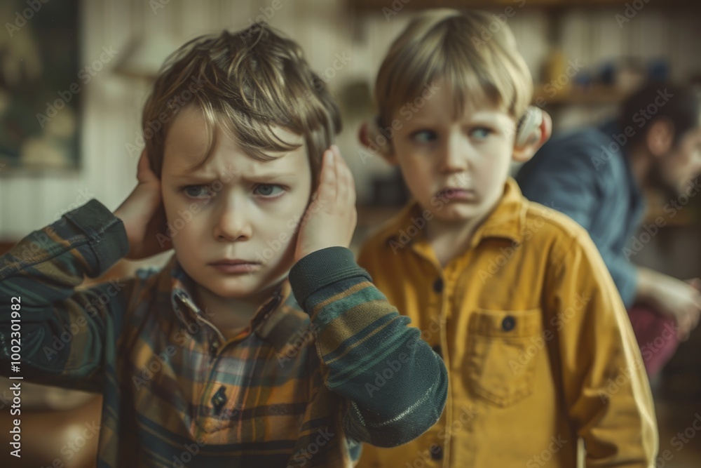 Two young boys express emotions in a cozy indoor setting. One covers his ears showing distress. The other looks concerned. Capturing childhood feelings in a warm style. Generative AI