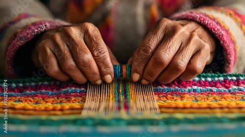 An elderly Native American woman weaves a colorful blanket, her experienced hands showcasing intricate patterns with vibrant threads. The background is not transparent. Native American Heritage Concep