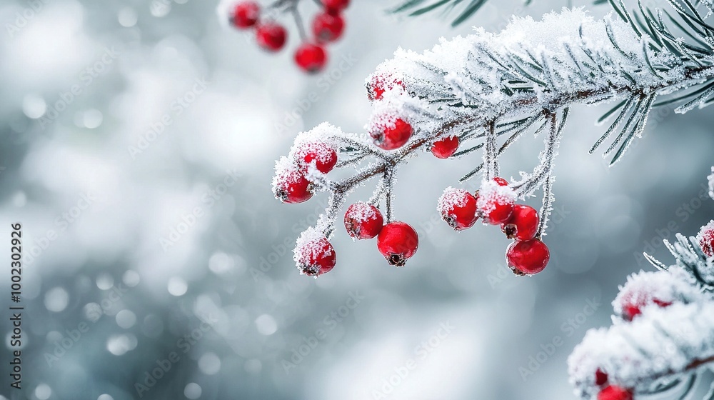 A high-resolution image of a pine tree with juicy berries hanging from its branches and a peaceful blanket of snow covering them A high-resolution image of a pine tree with juicy berries hanging from its branches and a peaceful blanket of snow covering them