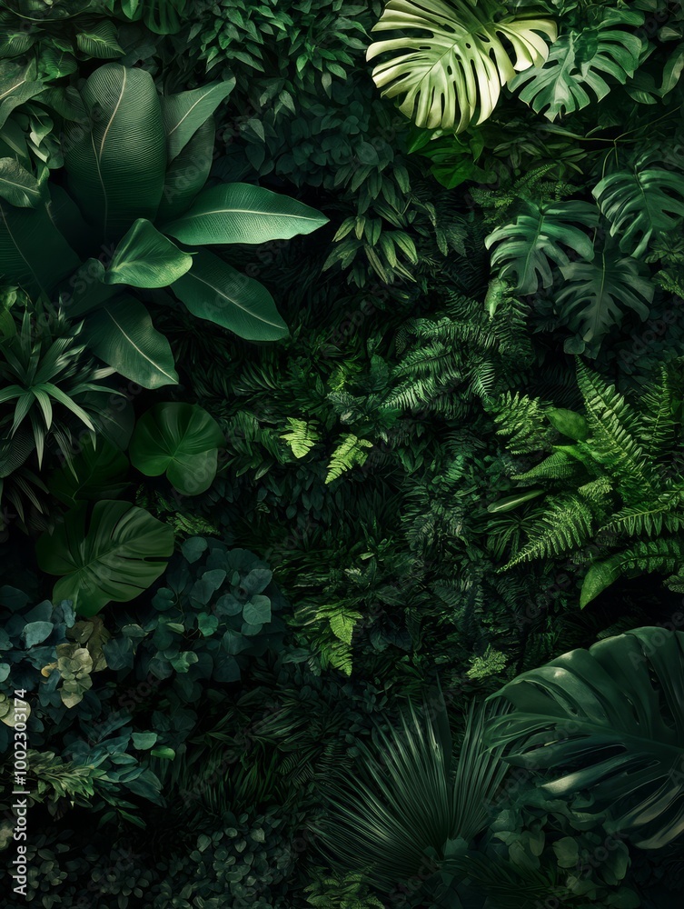 custom made wallpaper toronto digitalLush tropical rainforest foliage with various green plants and leaves creating a dense, vibrant natural texture and atmosphere.