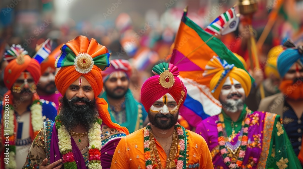 Obraz premium A group of people in colorful attire, holding Indian flags and wearing traditional with beards or turbans on their heads.