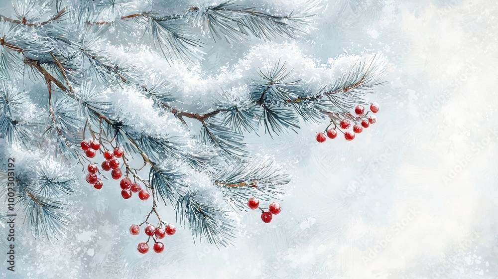 A pine tree's branches, snow-covered and adorned with red berries, hang snowflakes A pine tree's branches, snow-covered and adorned with red berries, hang snowflakes