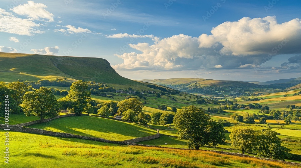 Fototapeta premium Rolling green hills with trees and stone wall under bright blue sky clouds