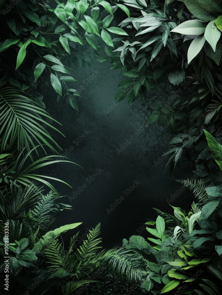 Lush green tropical foliage frames a dark background, ideal for nature, jungle, or rainforest themes, with dense, vibrant leaves and serene ambiance. Lush green tropical foliage frames a dark background, ideal for nature, jungle, or rainforest themes, with dense, vibrant leaves and serene ambiance.