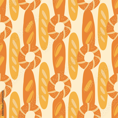 Seamless pattern of baguettes and bagels in orange and yellow, arranged in vertical rows