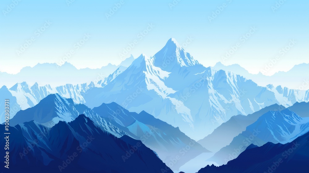 Panoramic Mountain Peak View - Vector Illustration of Majestic Snow-Capped Mountains in Blue Hues