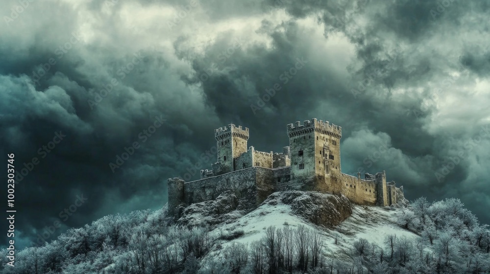 Stone Castle on a Snowy Hilltop Under a Stormy Sky Stone Castle on a Snowy Hilltop Under a Stormy Sky