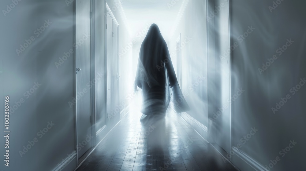 Fototapeta premium Eerie Phantom Floating in Hallway with Misty Atmosphere and Glowing Light