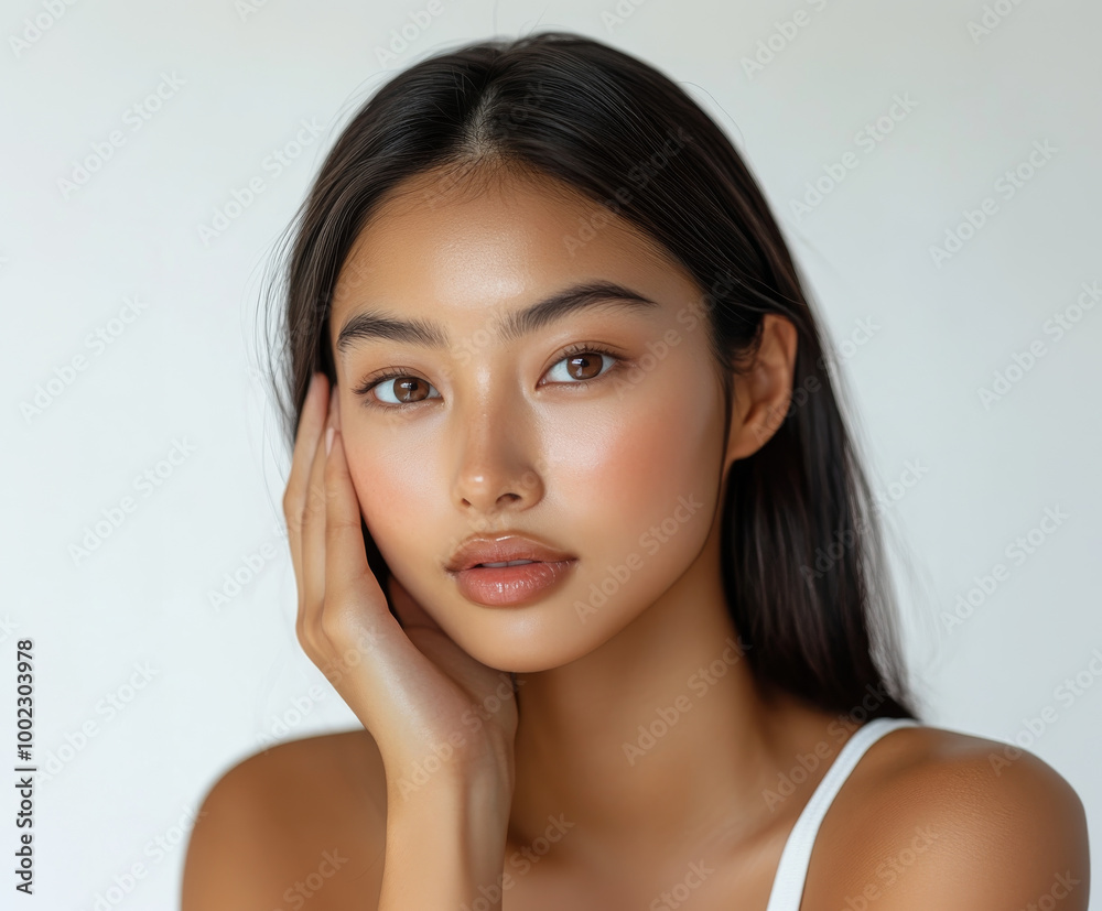 stunning Asian model gently touches her cheek, showcasing her smooth skin and natural beauty. This image captures essence of elegance and grace, perfect for cosmetics advertisement stunning Asian model gently touches her cheek, showcasing her smooth skin and natural beauty. This image captures essence of elegance and grace, perfect for cosmetics advertisement