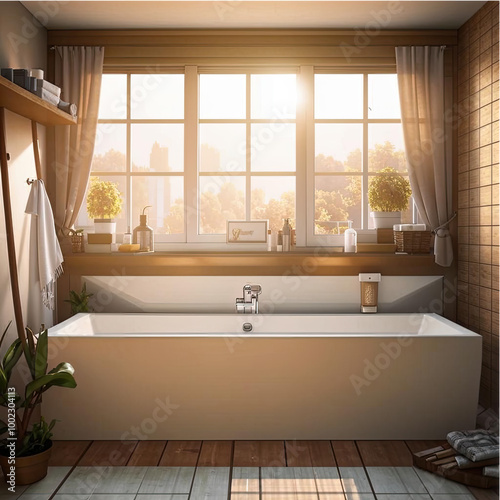 Elegant bathroom with a large window and sleek bathtub design