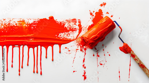 Roller brush painting a wall. Paint roller with red paint. Apartment renovation and decoration concept
