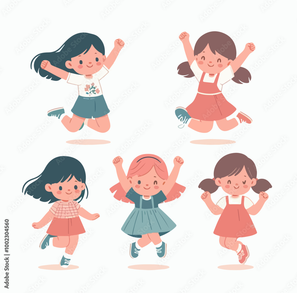 character of a schoolgirl, cheerful, jumping, happy, successful