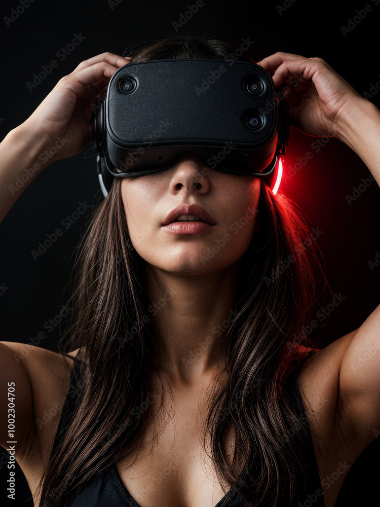 Futuristic woman in VR headset bathed in neon light. Cyberpunk aesthetic meets cutting-edge technology Futuristic woman in VR headset bathed in neon light. Cyberpunk aesthetic meets cutting-edge technology