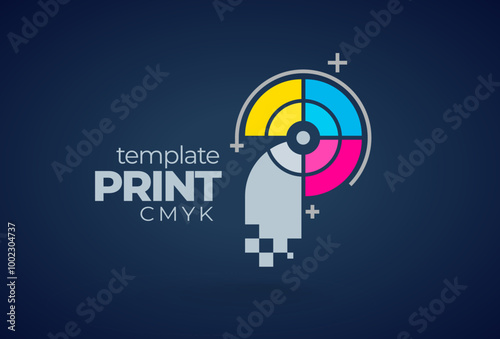 Logo digital Print. Abstract Letter P circles CMYK color theme. Template design vector. Black background