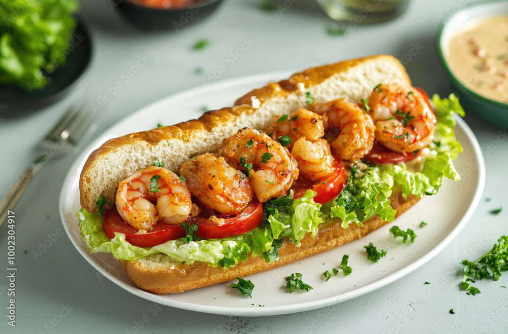 Elegant Grilled Shrimp Po' Boy with Lettuce and Tomato for a Flavorful Sandwich Elegant Grilled Shrimp Po' Boy with Lettuce and Tomato for a Flavorful Sandwich