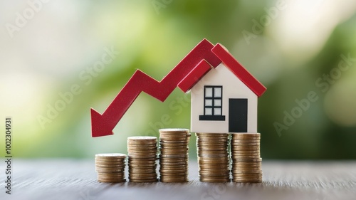 Red Upward arrow on money coin stack as growth graph steps in home shape symbol,Savings, income, home investment, real estate price value, property profit concepts,the rising price of real estate. 