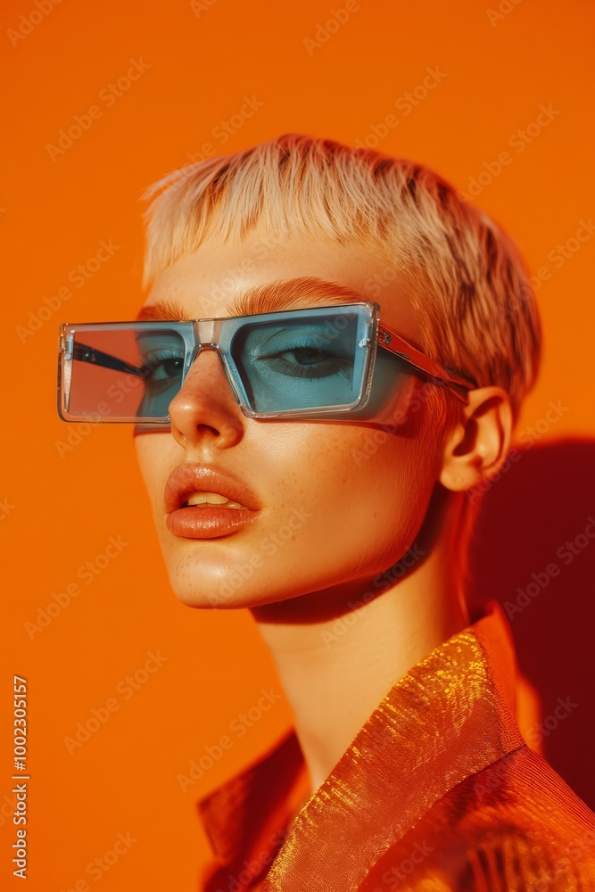 Model with short blonde hair and blue sunglasses poses against an orange background, showcasing modern fashion and vibrant colors. Model with short blonde hair and blue sunglasses poses against an orange background, showcasing modern fashion and vibrant colors.