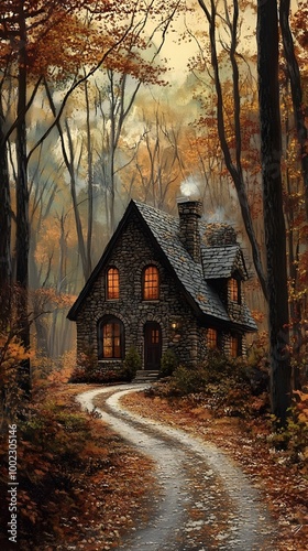 A stone cottage in the woods with an autumnal backdrop