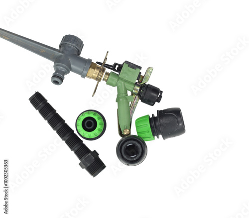 Assorted garden hose connectors and accessories on transparent background