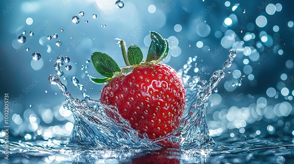 A strawberry splashes into water with a green leaf atop and below A strawberry splashes into water with a green leaf atop and below