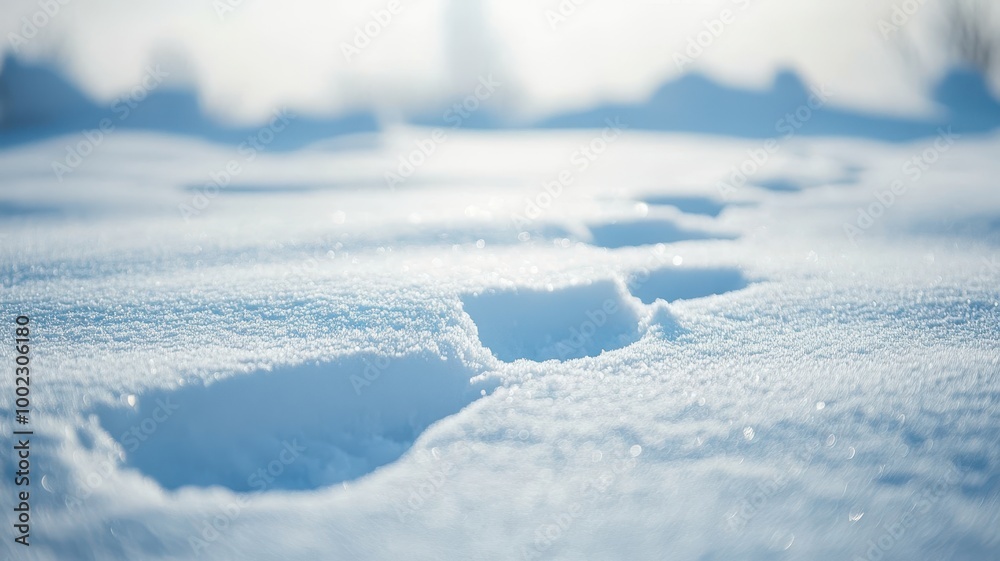 Human footprints in the snow in a snowdrift under sunlight close-up,Fresh footsteps, footprints, shoe prints or shoe marks in the shallow snow,glittering,sparkling in the winter sun,copy space.