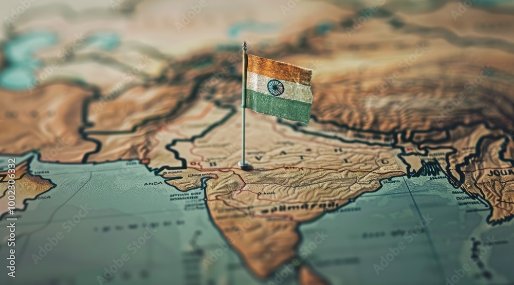 A map of India with the Indian flag on top, symbolizing its position in South Asian global business and trade. A map of India with the Indian flag on top, symbolizing its position in South Asian global business and trade.