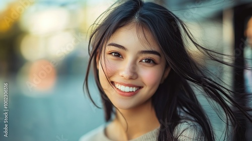 Young and cheerful model looking at camera outdoors on blurred background