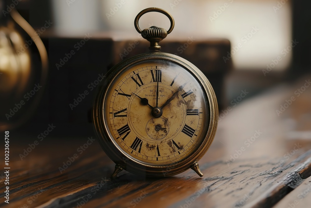 Antique brass pocket watch on a rustic wooden table reflecting time\'s passage and craftsmanship Antique brass pocket watch on a rustic wooden table reflecting time\'s passage and craftsmanship