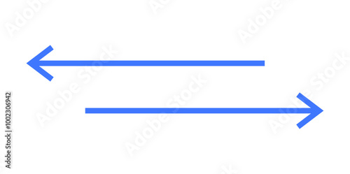 Two blue arrows pointing in opposite directions on a white background. Ideal for communication, data transfer, connection, direction, technology. Flat style minimalistic and clean. Emphasizes